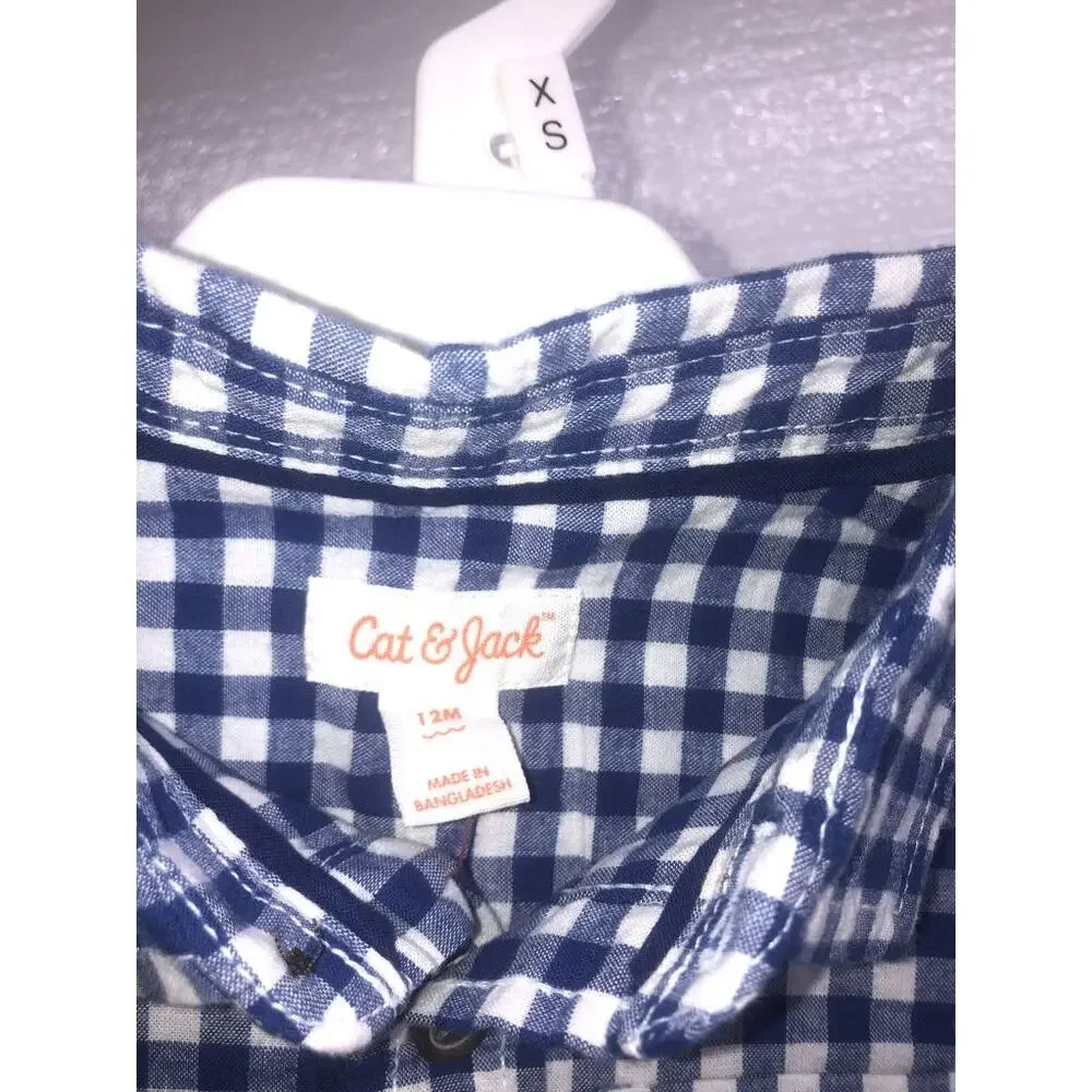 NWT Cat & Jack Boys' Blue Gingham Plaid Button Down Top Baby Size 12 Months - Picture 6 of 7
